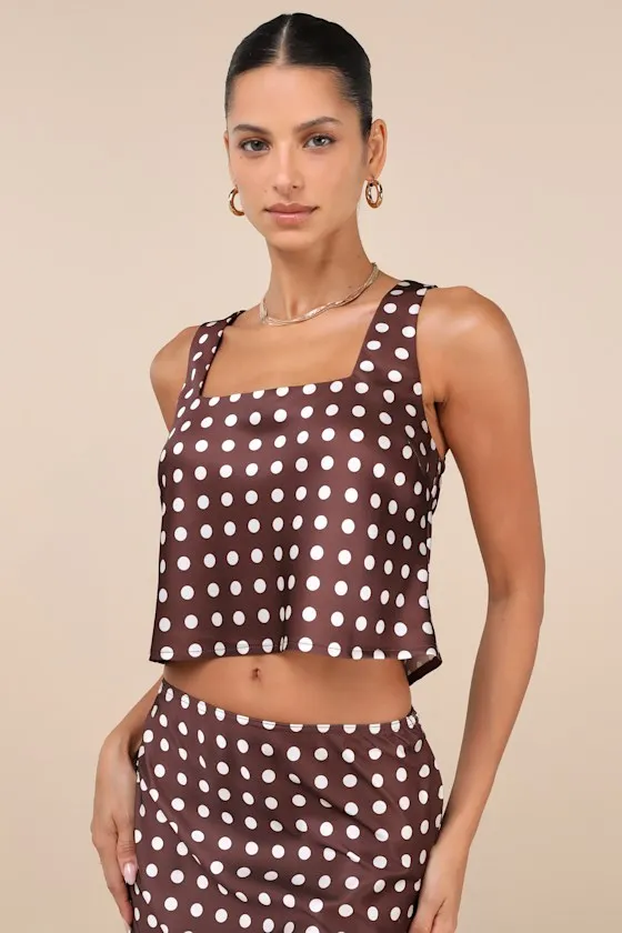 Classically Charismatic Brown Polka Dot Satin Cropped Tank Top sold by Lulus