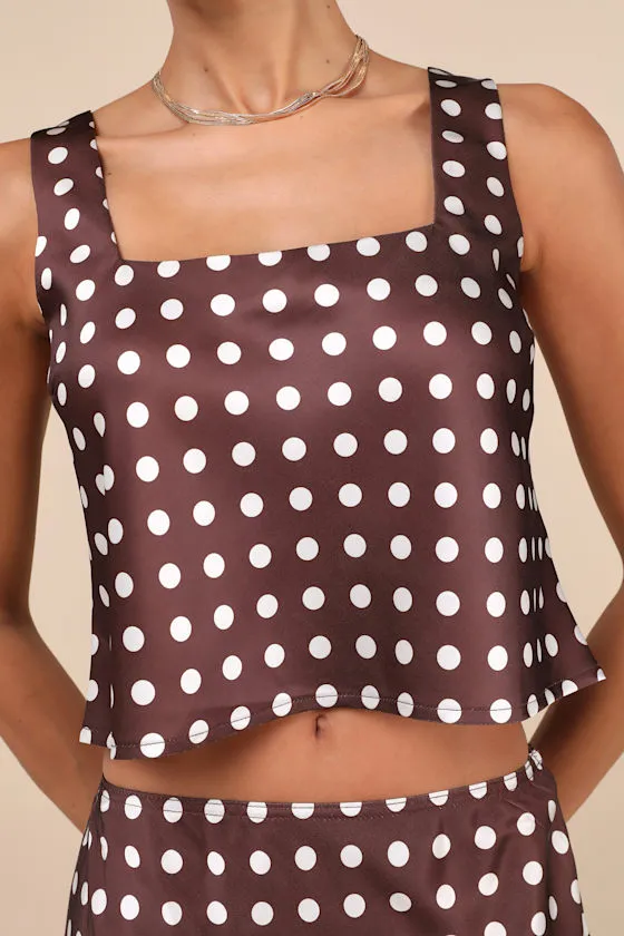 Classically Charismatic Brown Polka Dot Satin Cropped Tank Top sold by Lulus product image thumbnail 4