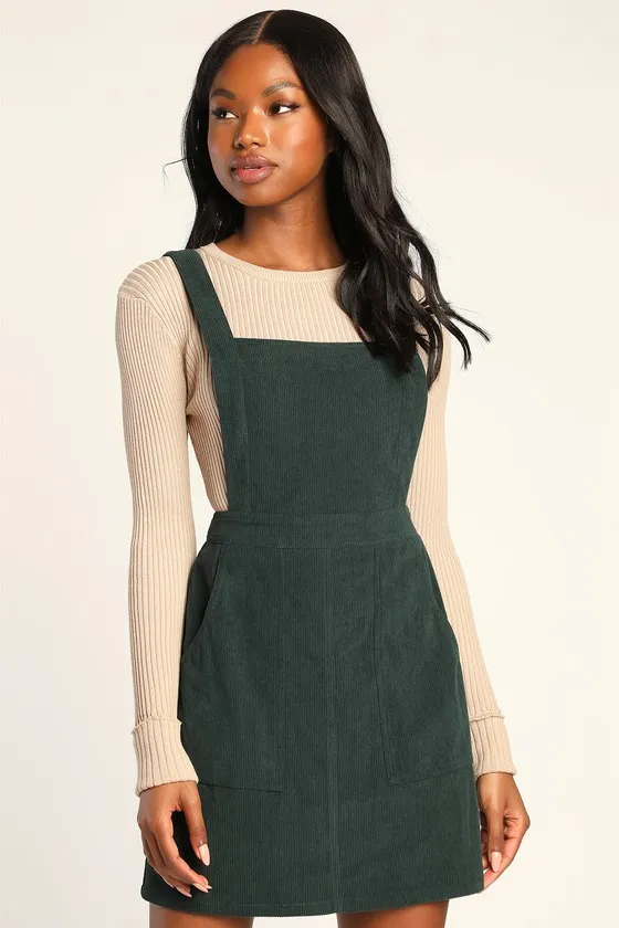 Embracing Autumn Emerald Green Corduroy Pinafore Mini Dress sold by Lulus