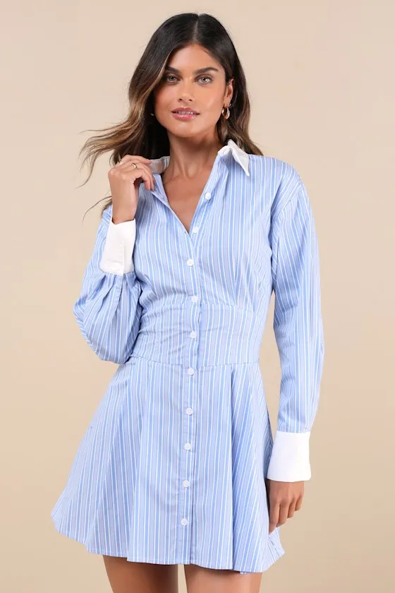 Suave Confidence Blue and White Striped Collared Mini Dress sold by Lulus