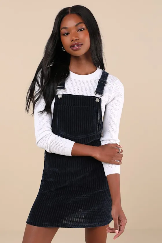 Sweet Reputation Navy Corduroy Overall Mini Dress With Pockets sold by Lulus