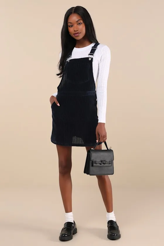 Sweet Reputation Navy Corduroy Overall Mini Dress With Pockets sold by Lulus product image thumbnail 3
