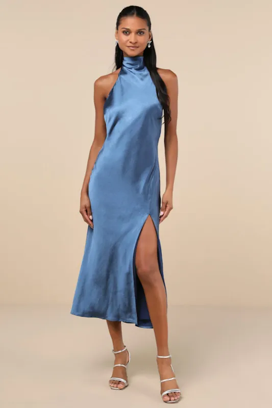 Exceptional Status Blue Halter Backless Slip Midi Dress sold by Lulus