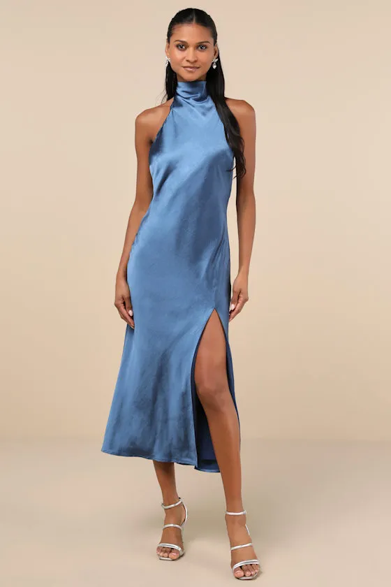 Exceptional Status Blue Halter Backless Slip Midi Dress sold by Lulus