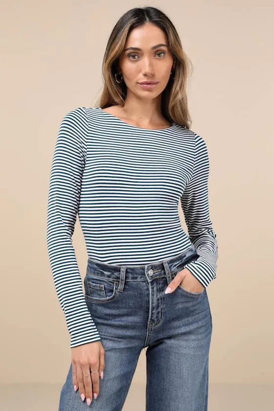 Charming Necessity White and Teal Striped Long Sleeve Bodysuit sold by Lulus