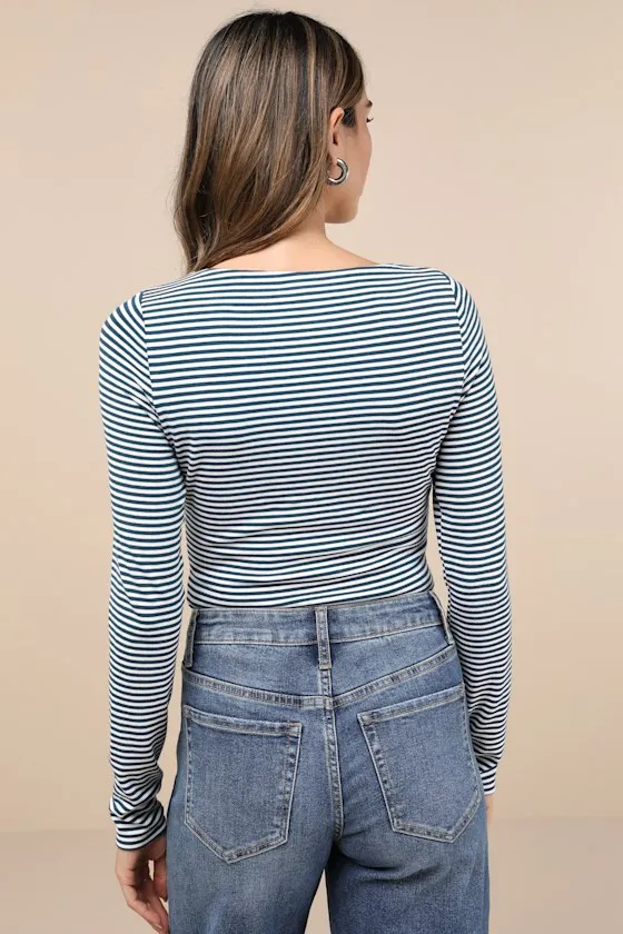 Charming Necessity White and Teal Striped Long Sleeve Bodysuit sold by Lulus product image thumbnail 2