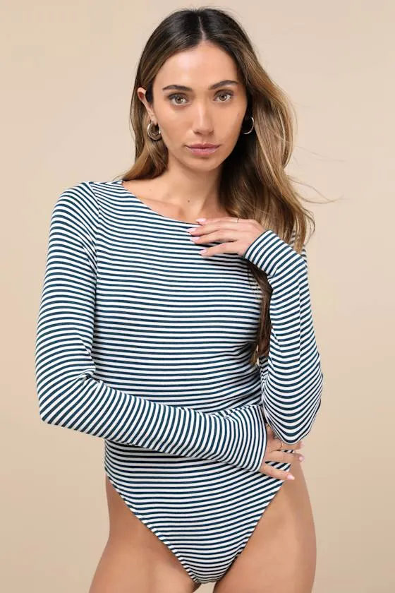 Charming Necessity White and Teal Striped Long Sleeve Bodysuit sold by Lulus product image thumbnail 4