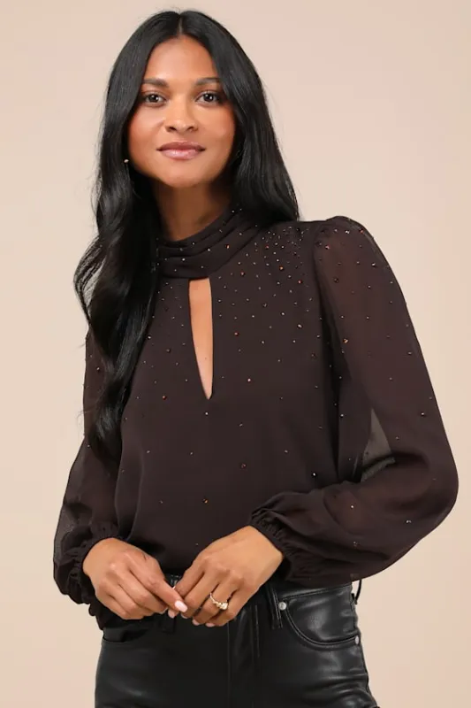 Uniquely Poised Brown Rhinestone Long Sleeve Mock Neck Top made by Lulus