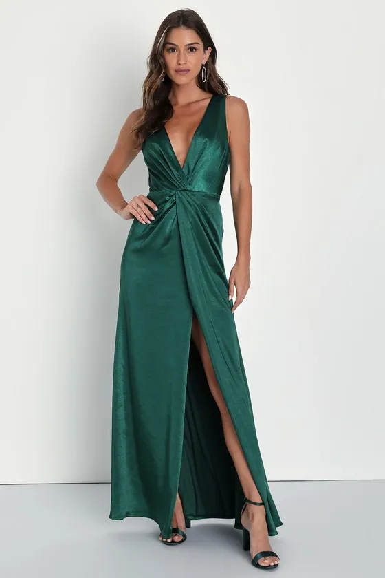 Perfect Refinement Emerald Satin Sleeveless Pleated Maxi Dress sold by Lulus
