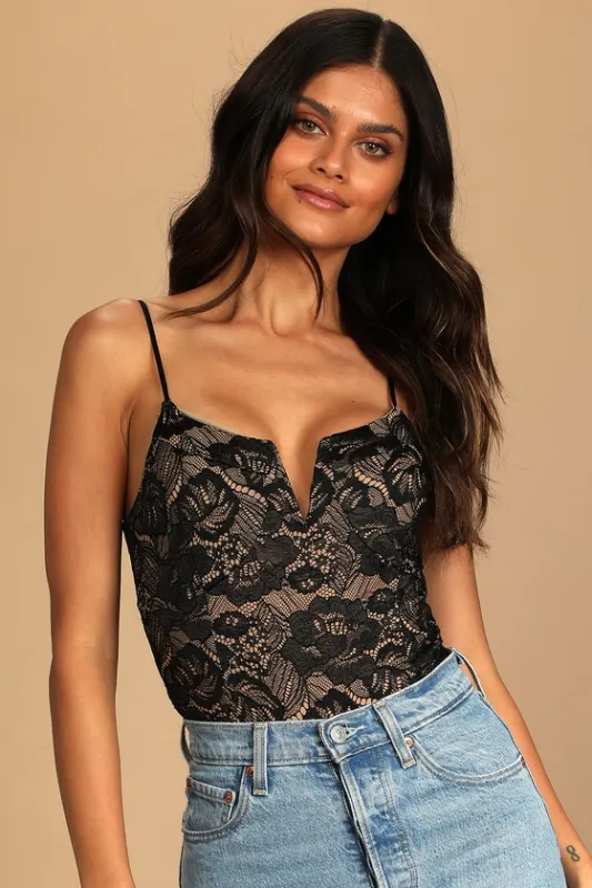 Flirty Touch Black Lace-Up Lace Bodysuit sold by Lulus