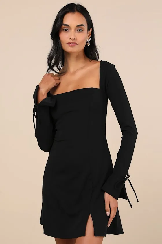 Adored Treatment Black Long Sleeve Tie Cuff Mini Dress sold by Lulus