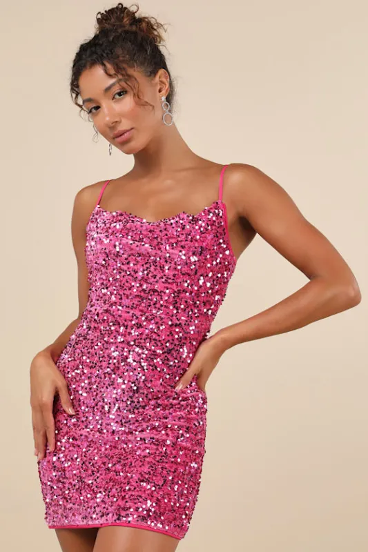 Dazzling Vibe Magenta Pink Velvet Sequin Mini Bodycon Dress sold by Lulus