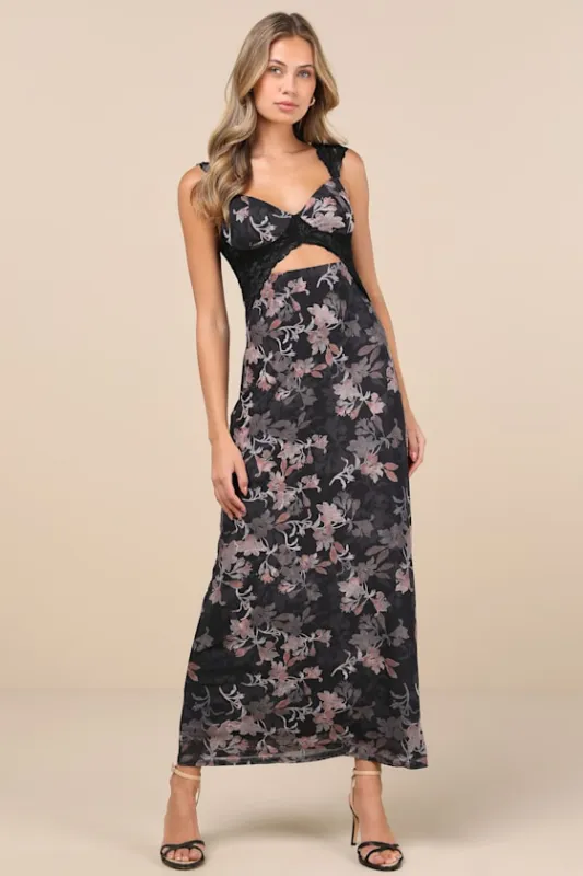 Endlessly Cute Black Floral Mesh Cutout Lace Bustier Maxi Dress sold by Lulus