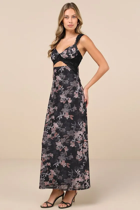 Endlessly Cute Black Floral Mesh Cutout Lace Bustier Maxi Dress sold by Lulus product image thumbnail 3