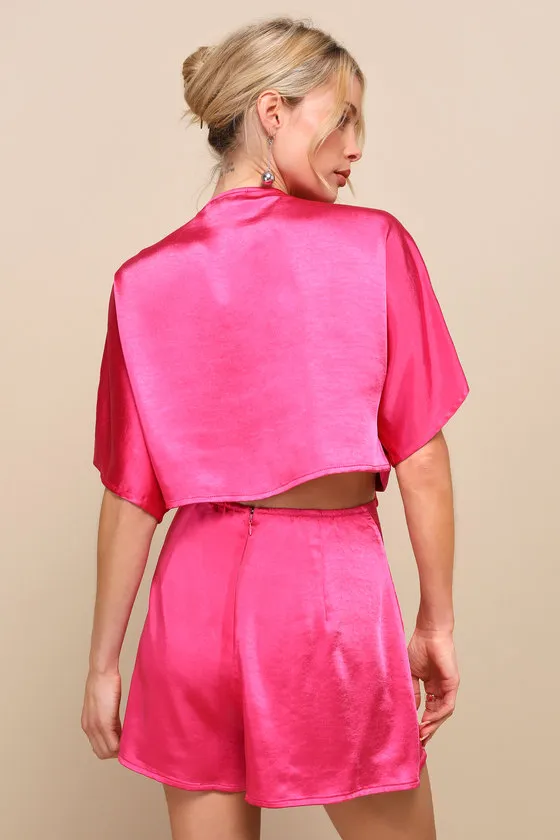 Flirt For Fun Fuchsia Satin Tie-Front Two-Piece Romper sold by Lulus product image thumbnail 3