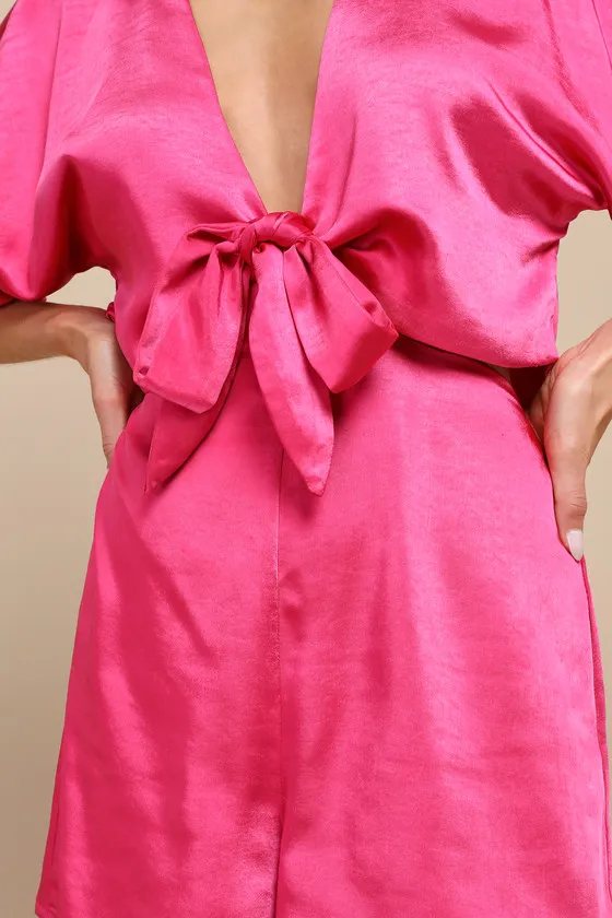 Flirt For Fun Fuchsia Satin Tie-Front Two-Piece Romper sold by Lulus product image thumbnail 4