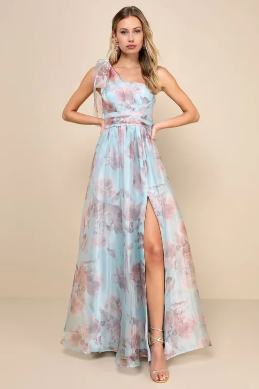 Dramatically Lovely Blue Floral One-Shoulder Maxi Dress sold by Lulus