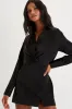 Sophisticated Effort Black Satin Long Sleeve Collared Romper sold by Lulus