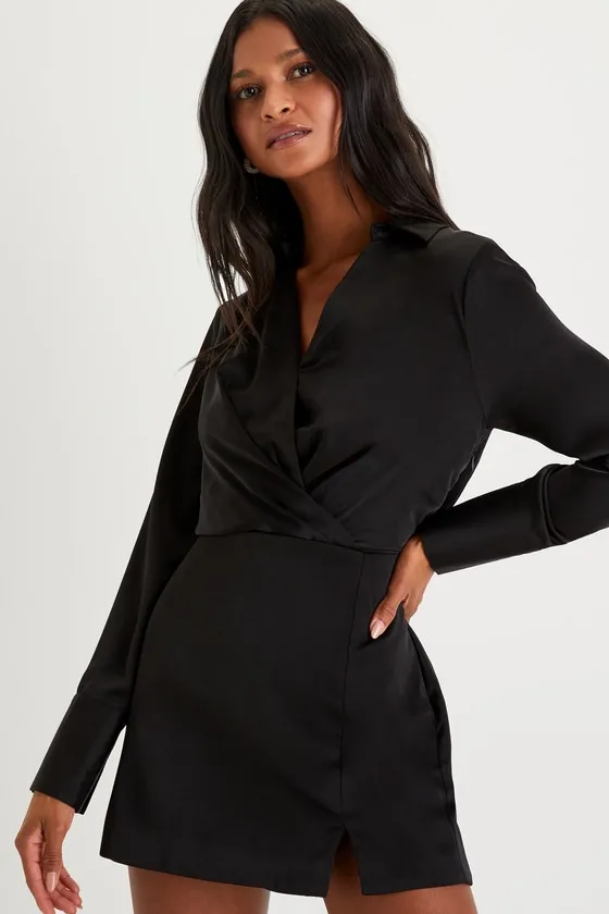 Sophisticated Effort Black Satin Long Sleeve Collared Romper sold by Lulus product image thumbnail 2