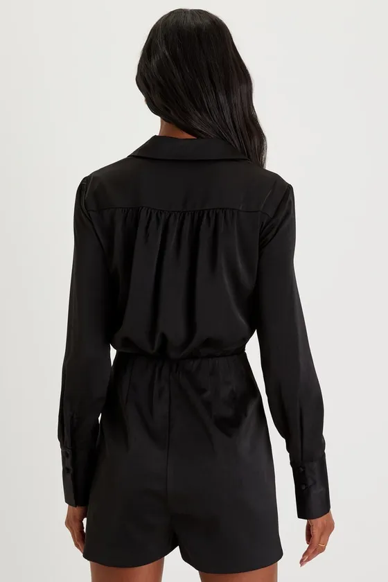 Sophisticated Effort Black Satin Long Sleeve Collared Romper sold by Lulus product image thumbnail 3
