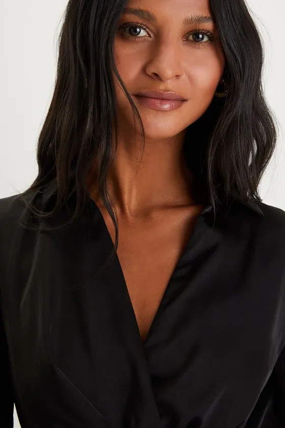 Sophisticated Effort Black Satin Long Sleeve Collared Romper sold by Lulus product image thumbnail 4