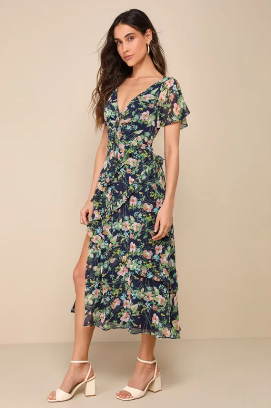 Next to You Navy Blue Floral Print Ruffled Backless Midi Dress sold by Lulus