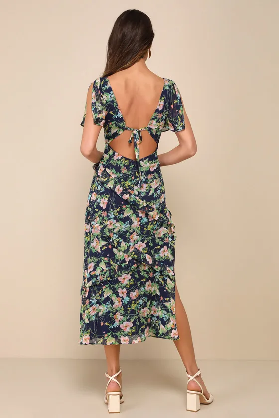 Next to You Navy Blue Floral Print Ruffled Backless Midi Dress sold by Lulus product image thumbnail 2