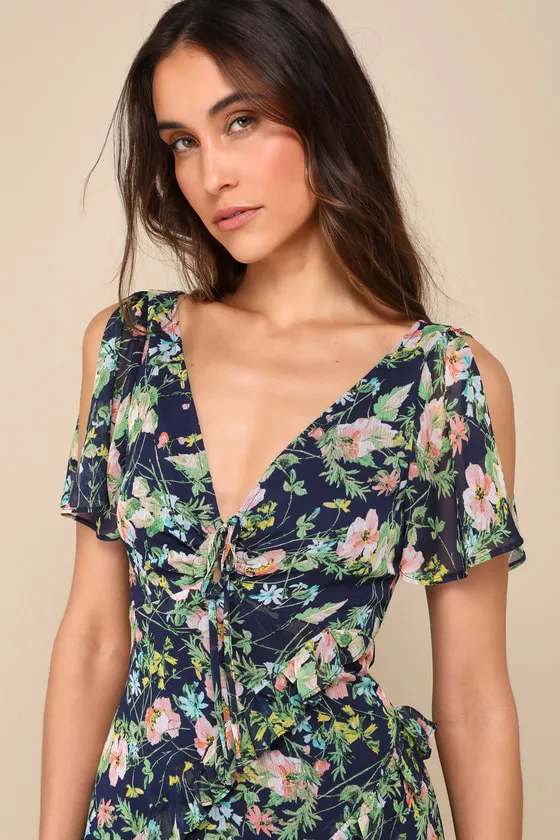 Next to You Navy Blue Floral Print Ruffled Backless Midi Dress sold by Lulus product image thumbnail 3