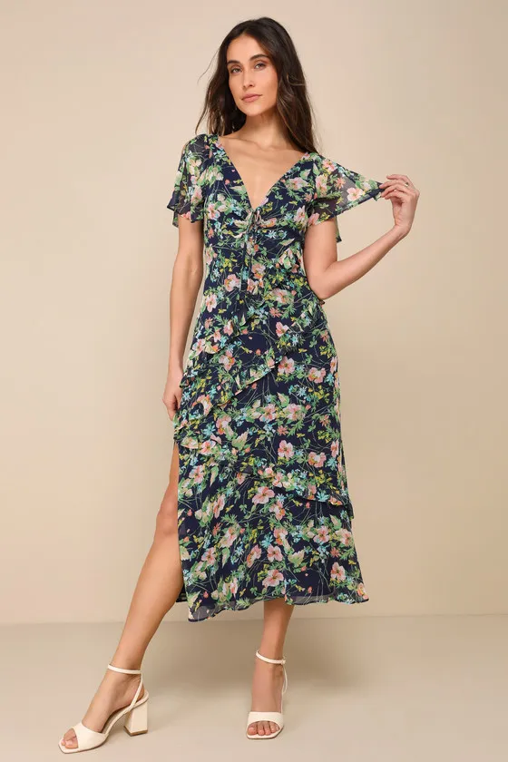 Next to You Navy Blue Floral Print Ruffled Backless Midi Dress sold by Lulus product image thumbnail 4