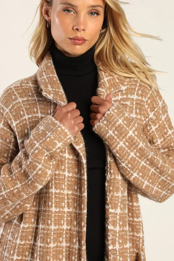 Cozy Conditions Tan and White Knit Plaid Coatigan sold by Lulus product image thumbnail 2