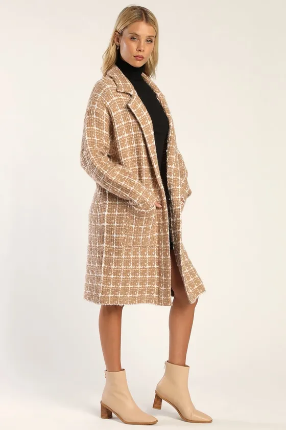 Cozy Conditions Tan and White Knit Plaid Coatigan sold by Lulus product image thumbnail 3