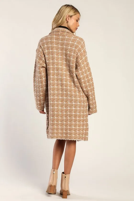 Cozy Conditions Tan and White Knit Plaid Coatigan sold by Lulus product image thumbnail 4
