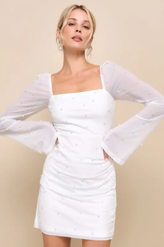 Flirty Luxury Ivory Mesh Pearl Long Sleeve Mini Dress sold by Lulus
