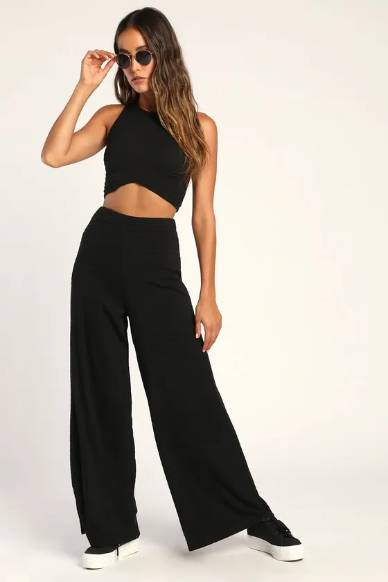 Blissful Beginnings Black Wide-Leg Lounge Pants sold by Lulus