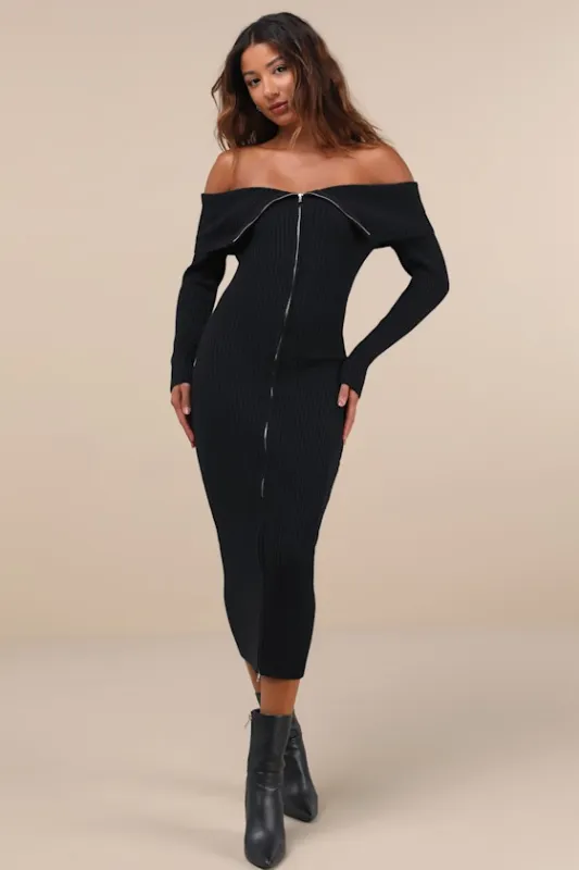 Trendy Aura Black Off-the-Shoulder Zip-Front Sweater Dress sold by Lulus