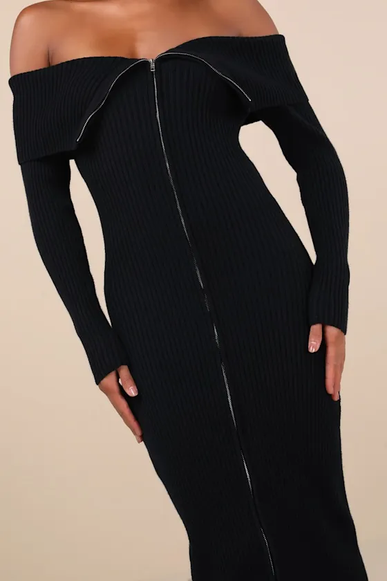 Trendy Aura Black Off-the-Shoulder Zip-Front Sweater Dress sold by Lulus product image thumbnail 3