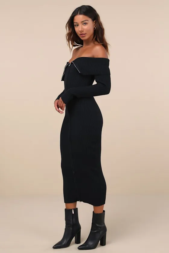 Trendy Aura Black Off-the-Shoulder Zip-Front Sweater Dress sold by Lulus product image thumbnail 4