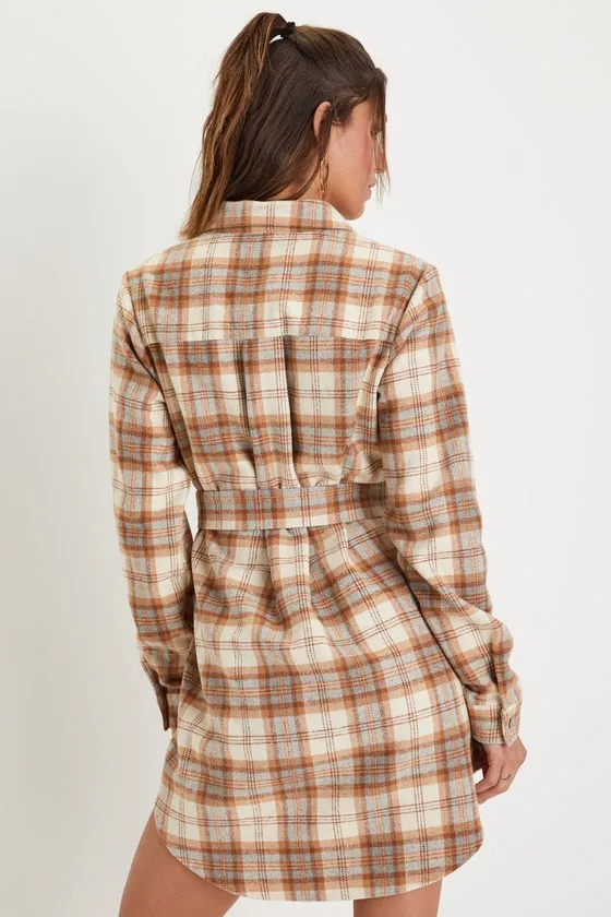 Plaid Behavior Ivory and Brown Plaid Long Sleeve Mini Dress sold by Lulus product image thumbnail 2