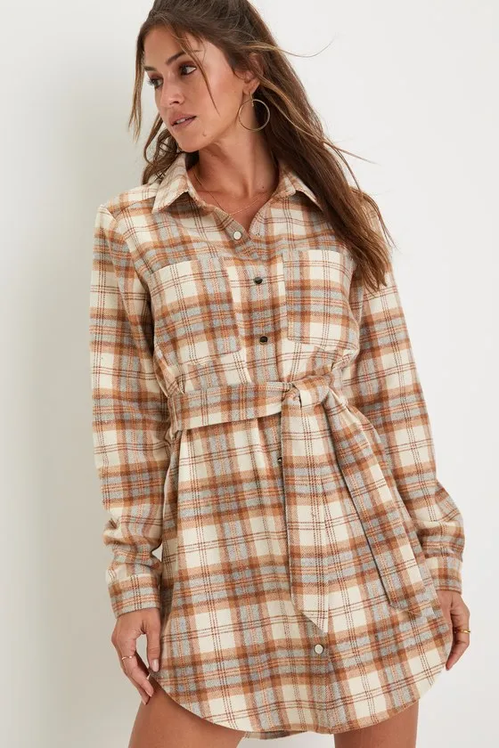 Plaid Behavior Ivory and Brown Plaid Long Sleeve Mini Dress sold by Lulus product image thumbnail 4