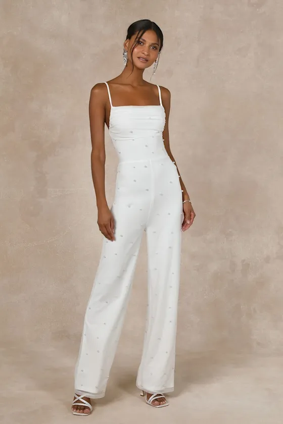 Unbelievably Divine White Mesh Pearl Lace-Up Jumpsuit sold by Lulus