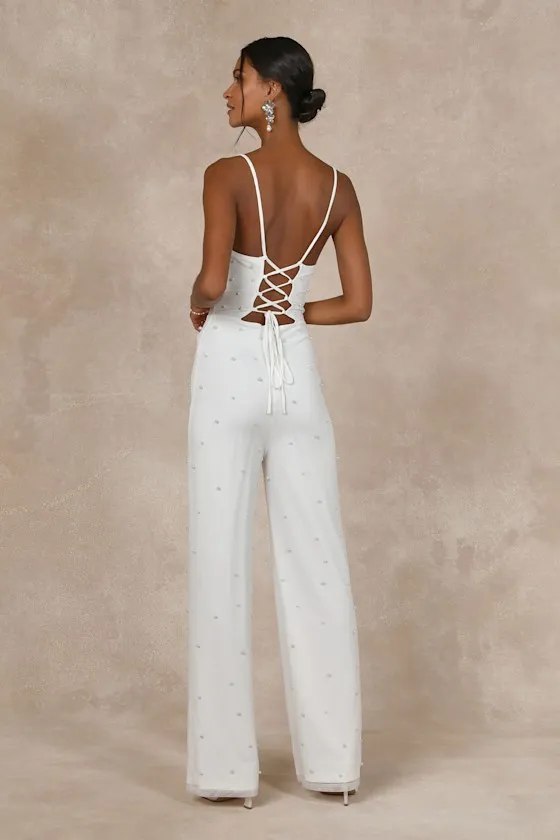 Unbelievably Divine White Mesh Pearl Lace-Up Jumpsuit sold by Lulus product image thumbnail 2
