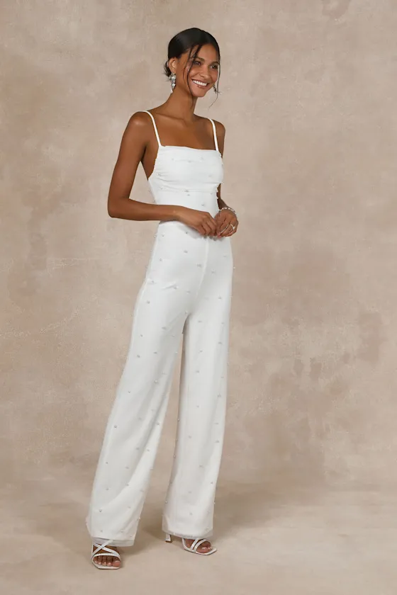 Unbelievably Divine White Mesh Pearl Lace-Up Jumpsuit sold by Lulus product image thumbnail 4