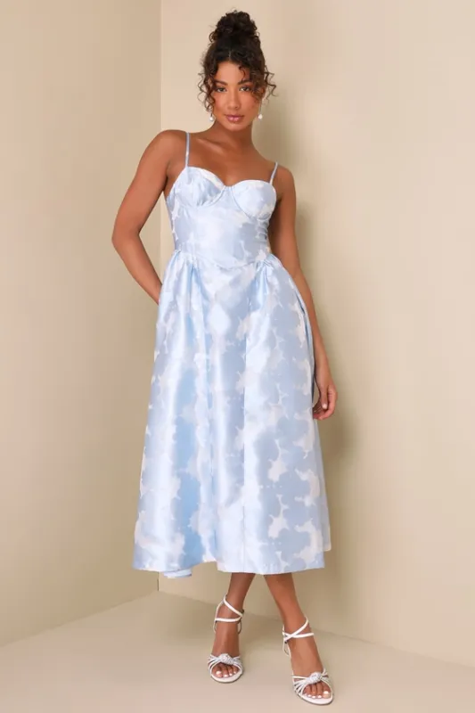 Gorgeous Destiny Light Blue Burnout Jacquard Bustier Midi Dress sold by Lulus