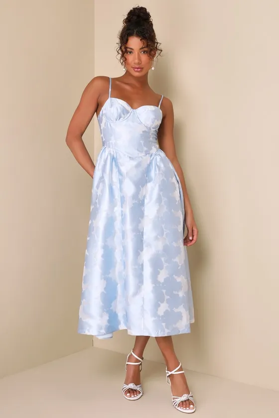 Gorgeous Destiny Light Blue Burnout Jacquard Bustier Midi Dress sold by Lulus