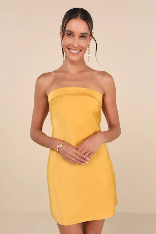 Exquisite Approach Marigold Satin Strapless Cowl Back Mini Dress sold by Lulus