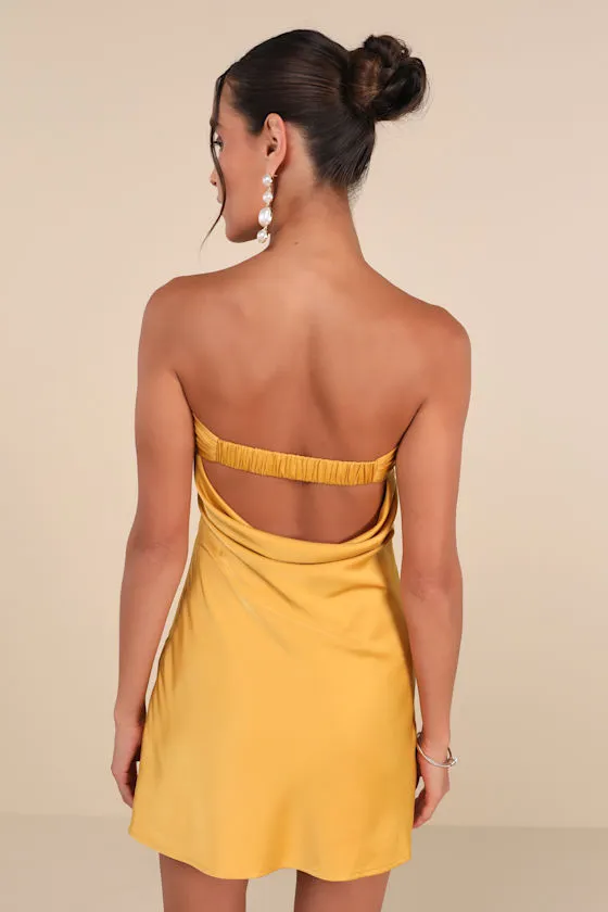 Exquisite Approach Marigold Satin Strapless Cowl Back Mini Dress sold by Lulus product image thumbnail 2
