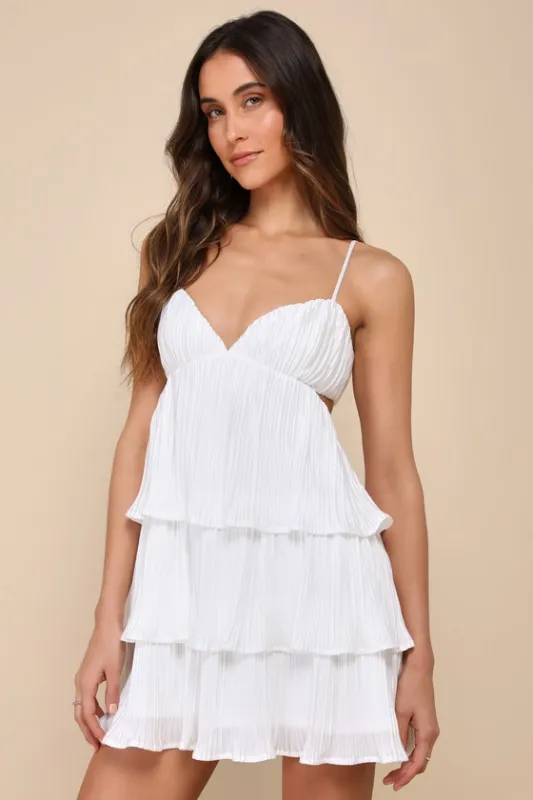 Sleek Dedication White Satin Plisse Cutout Tiered Mini Dress made by Lulus