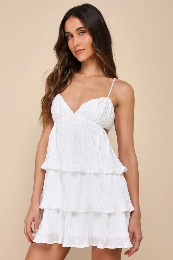 Sleek Dedication White Satin Plisse Cutout Tiered Mini Dress sold by Lulus
