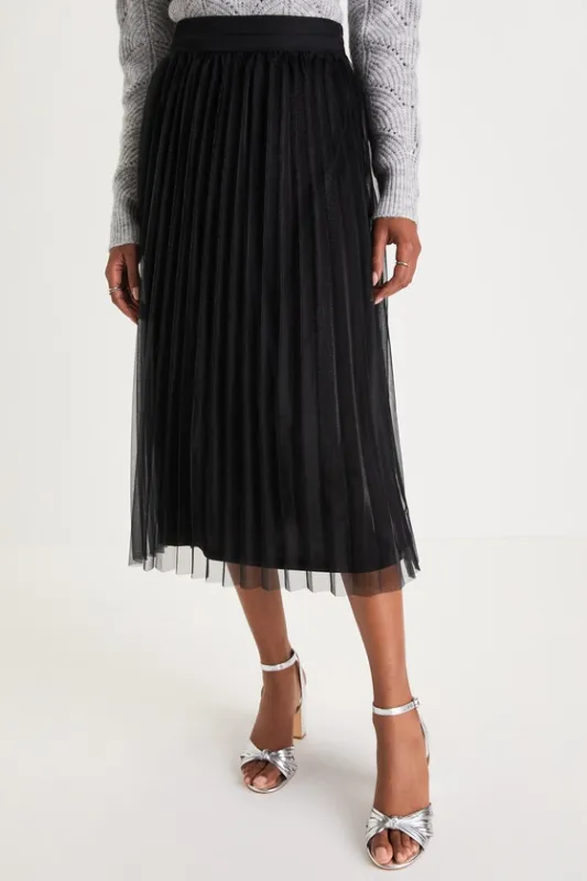 Favorite Occasion Black Shimmery Pleated High-Rise Midi Skirt sold by Lulus
