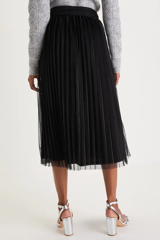 Favorite Occasion Black Shimmery Pleated High-Rise Midi Skirt sold by Lulus product image thumbnail 3